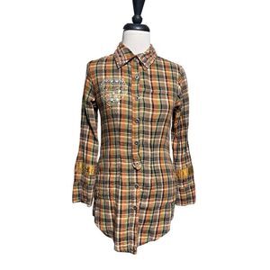 Faith Orange Ling Sleeve Embellished Plaid Button Down Shirt Size XS